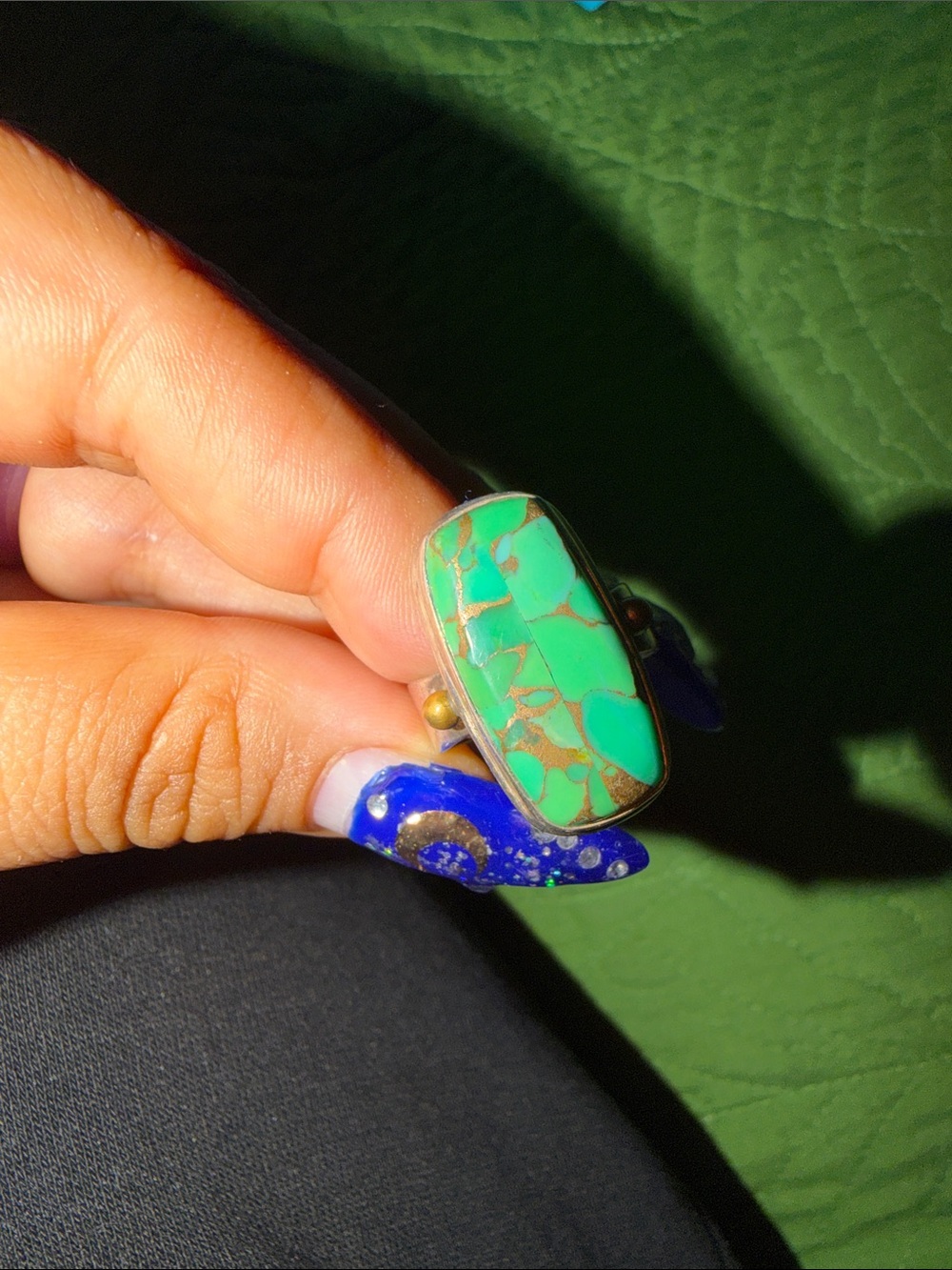 Turquoise green Statement Ring - Rectangle Stone silver material size 8
